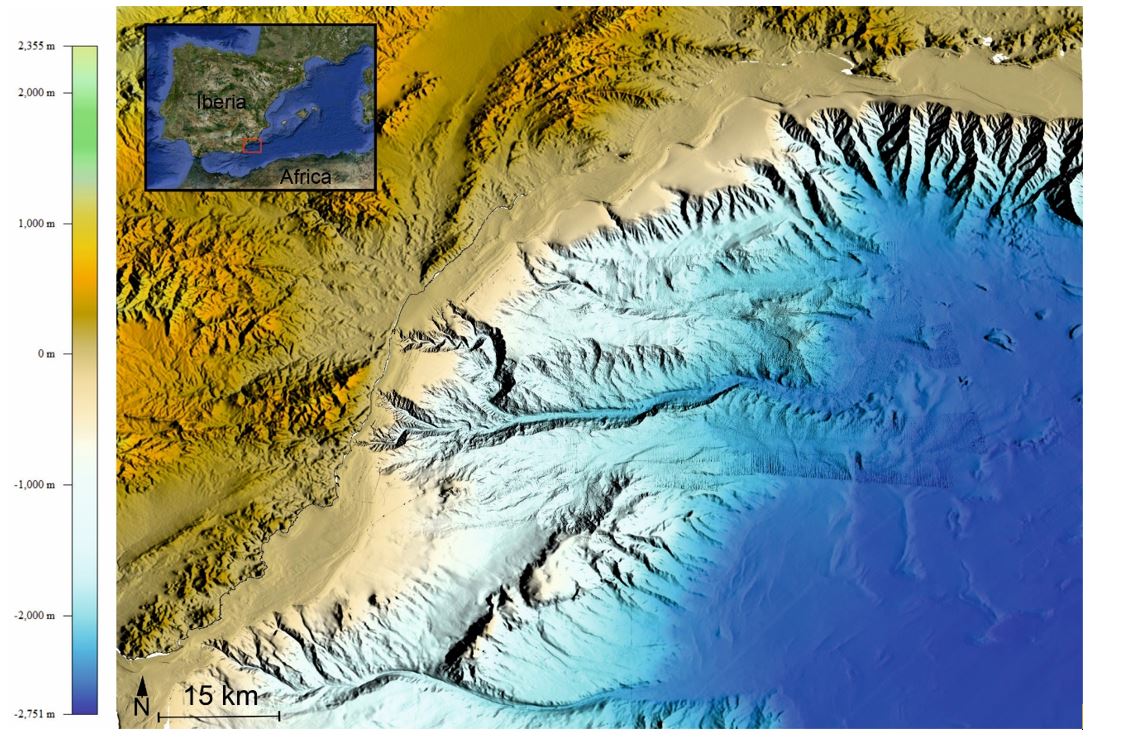 Mapa batimétrico del Golfo de Vera (Mediterráneo occidental), donde se observan diferentes cañones submarinos / Fauces project.