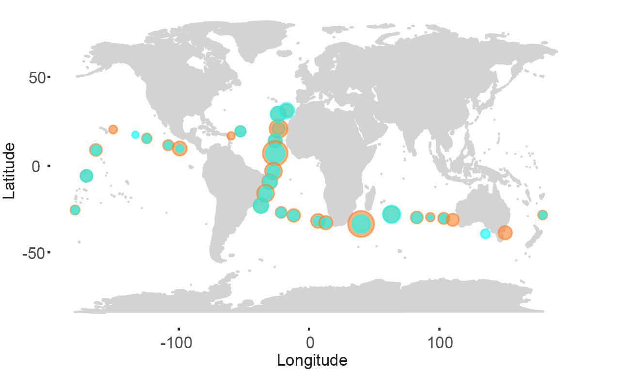Distribució dels gens de degradació del mercuri a l'oceà batipelàgic tropical i subtropical / ICM-CSIC.