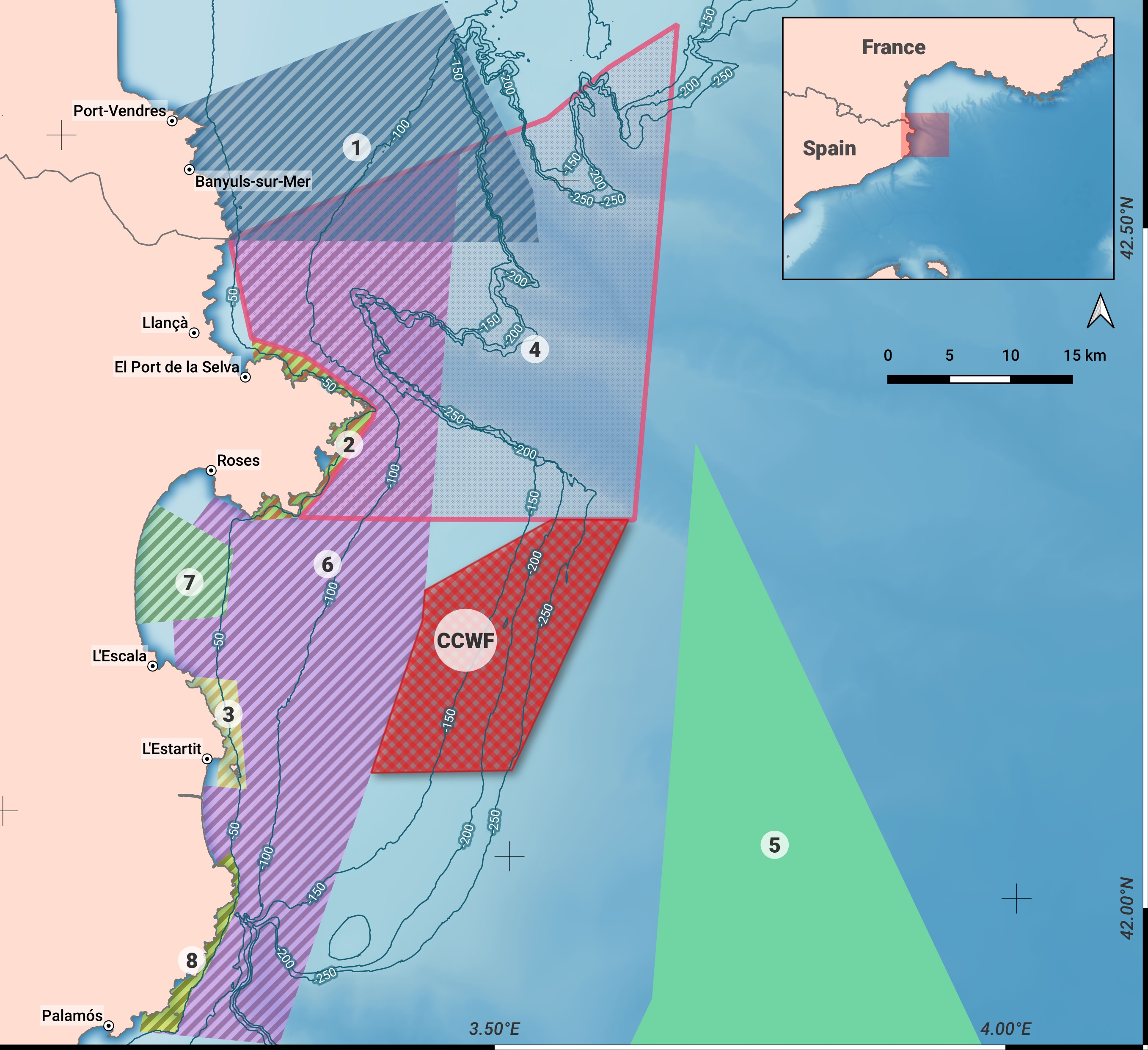 Mapa de la zona d’estudi que mostra la ubicació dels espais marins protegits i del projecte de parc eòlic marí de Cap de Creus i Golf de Roses.