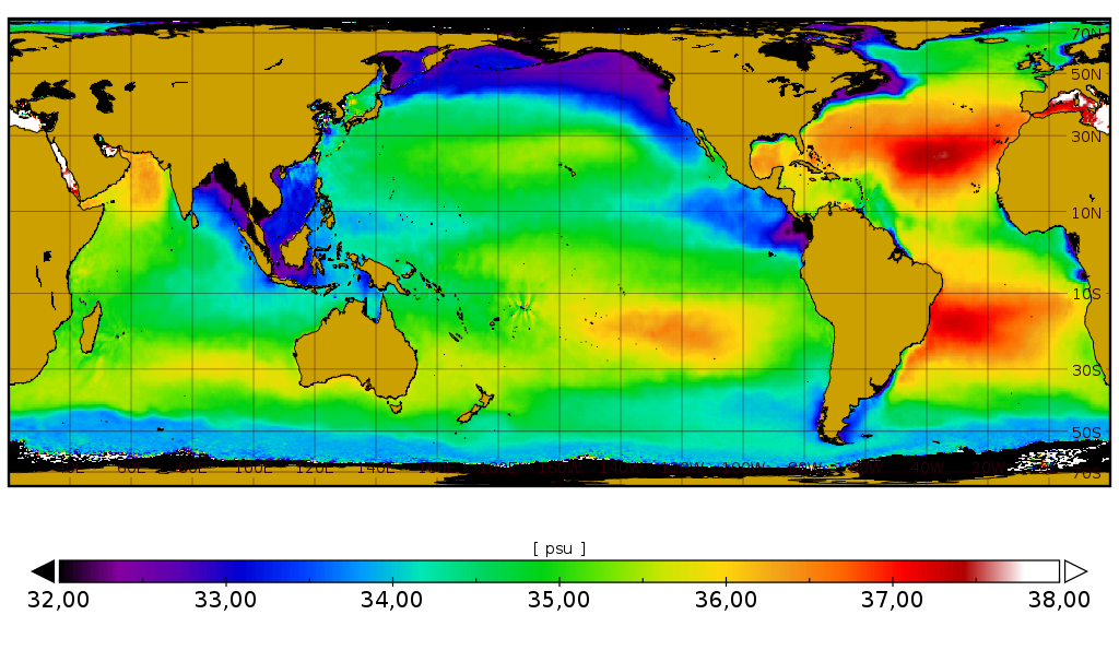 Figura que mostra la salinitat superficial mitjana dels diferents mars i oceans del planeta durant el període 2011-2018 / ICM-CSIC.