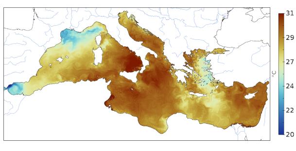 Map of the surface temperature of the Mediterranean Sea corresponding to July 24, 2023 from Copernicus / ICM-CSIC.