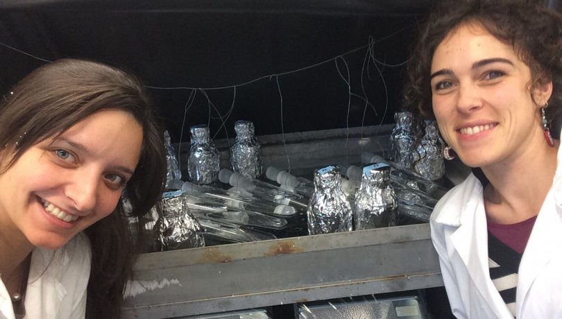 La investigadora principal del trabajo, Cristina Romera Castillo (derecha) y la estudiante de doctorado Maria Pinto (izquierda), con los experimentos detrás.