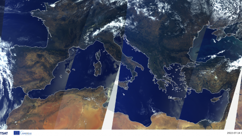 Imagen del Mediterráneo obtenida a partir de las observaciones de los satélites Sentinel 3A y 3B del 14 de julio de 2022. ©EUMETSAT [2023]