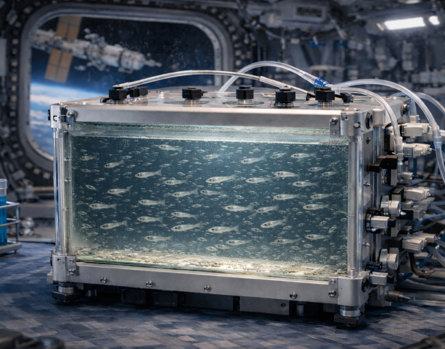 SpaceGenFish recull l’experiència acumulada en estudis previs de biologia en entorns de gravetats alterades / Imatge generada amb intel·ligència artificial (OpenIA).