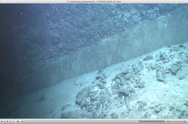 Imatge del vehicle submarí ROV Victor 6000 de la Flotte Océanographique Française explorant l’escarpament de la falla de Roseau, situat entre Guadalupe i Dominica, a les Antilles Menors, a uns 1000 metres de profunditat / © Campanya SUBSAINTES Flotte Océanographique Française (J. Escartin i Frédérique Leclerc).